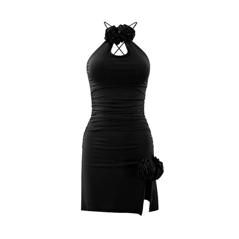 3D Flower Decor Halter Mini Dress