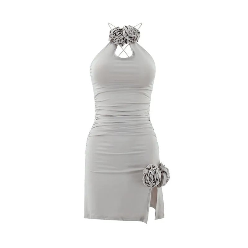 3D Flower Decor Halter Mini Dress