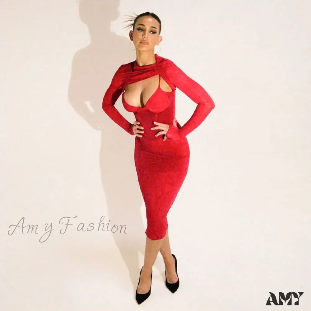Amy Fashion - Bodycon Party Club Red Pencil Sexy Midi Dress