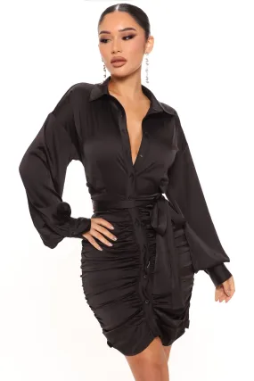 Annaith Satin Shirt Dress - Black