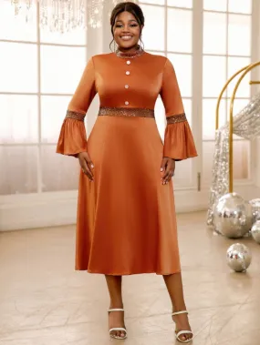 AOMEIDRESS Brown Dress O Neck Flare Sleeve A Line Sparkly Patchwork