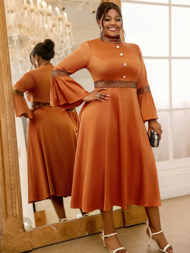 AOMEIDRESS Brown Dress O Neck Flare Sleeve A Line Sparkly Patchwork