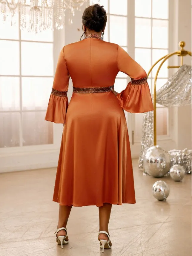 AOMEIDRESS Brown Dress O Neck Flare Sleeve A Line Sparkly Patchwork