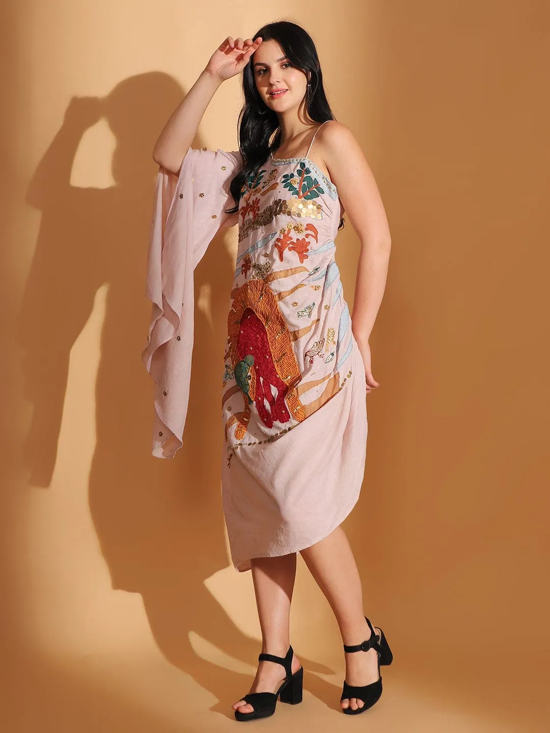 Baby Pink Gond Artwork Off-Shoulder Dress