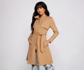 Belted Sophistication Crepe Trench Dress