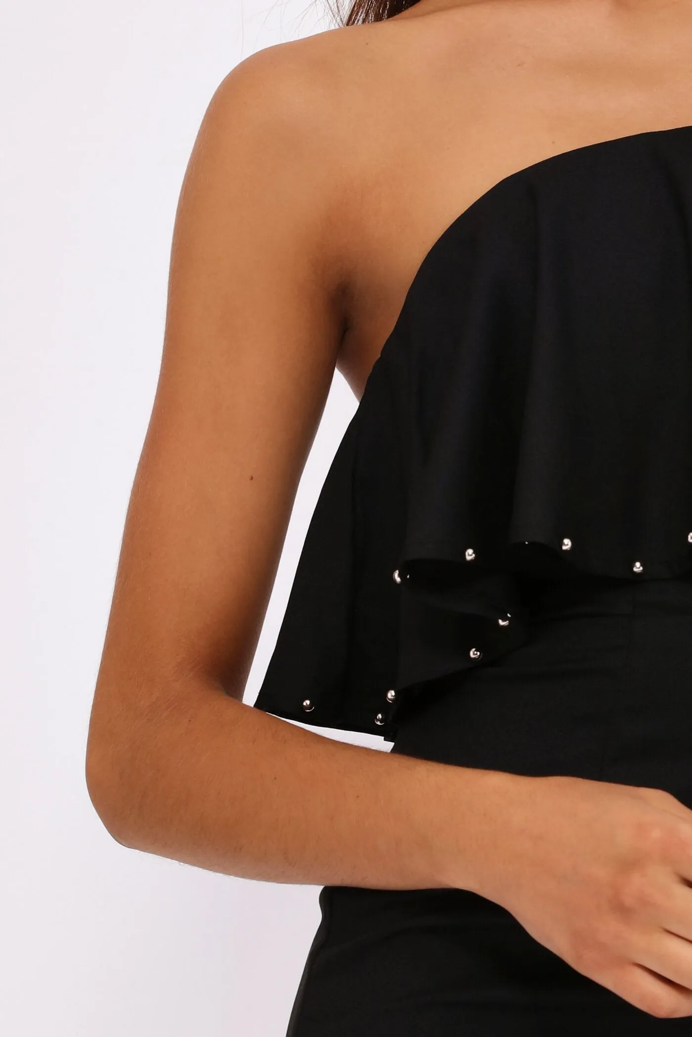 Black Bandeau Frill With Pearl Detail Mini Dress