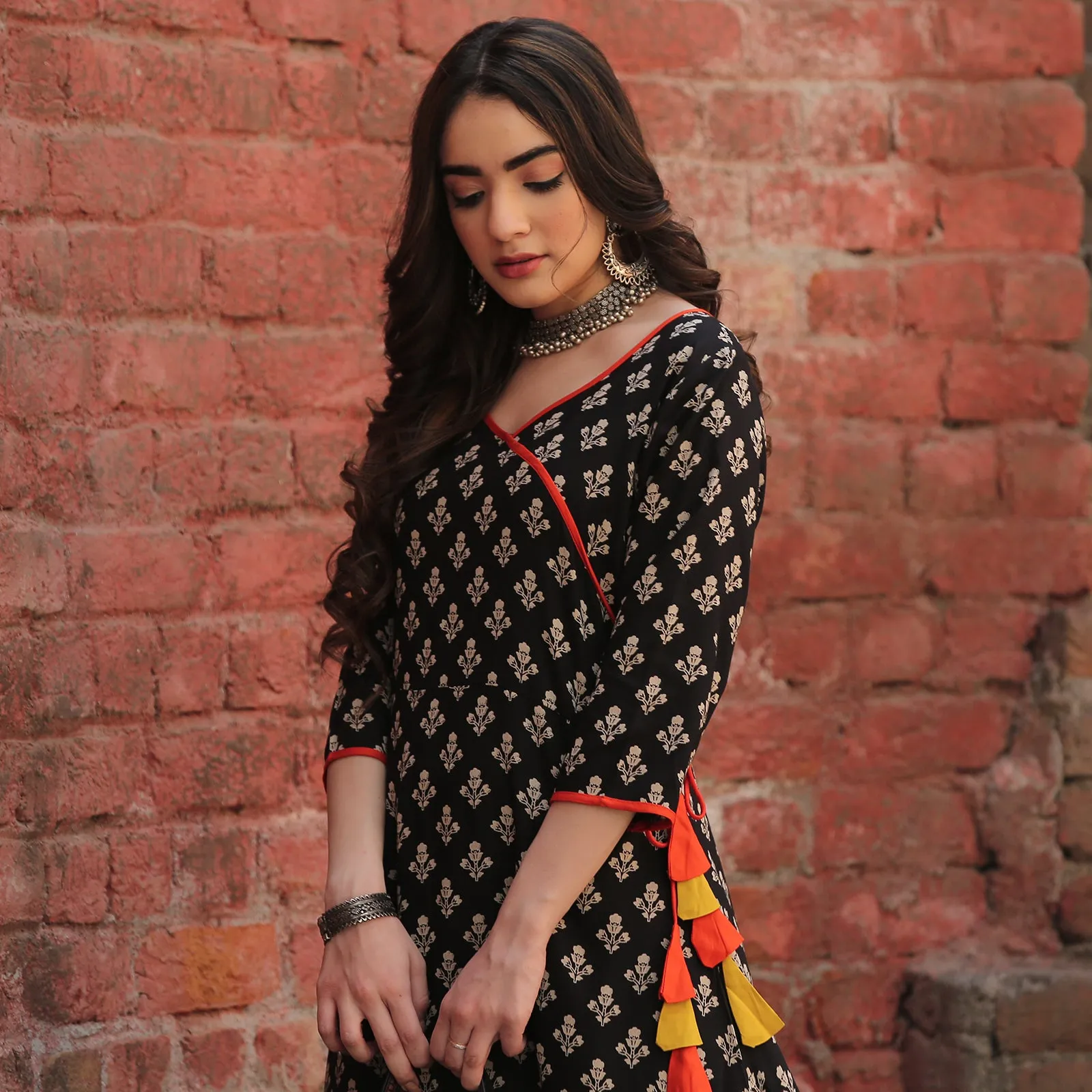 Black Floral Double Frill Angrakha Dress