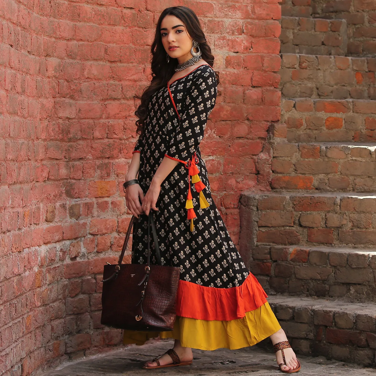 Black Floral Double Frill Angrakha Dress