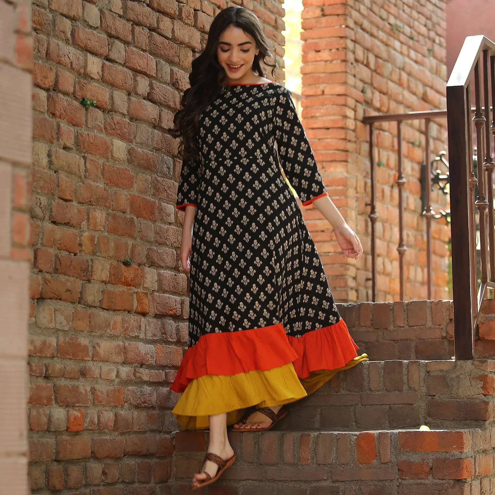 Black Floral Double Frill Angrakha Dress