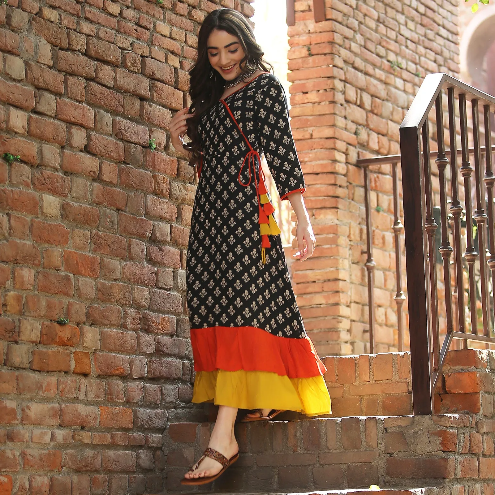Black Floral Double Frill Angrakha Dress
