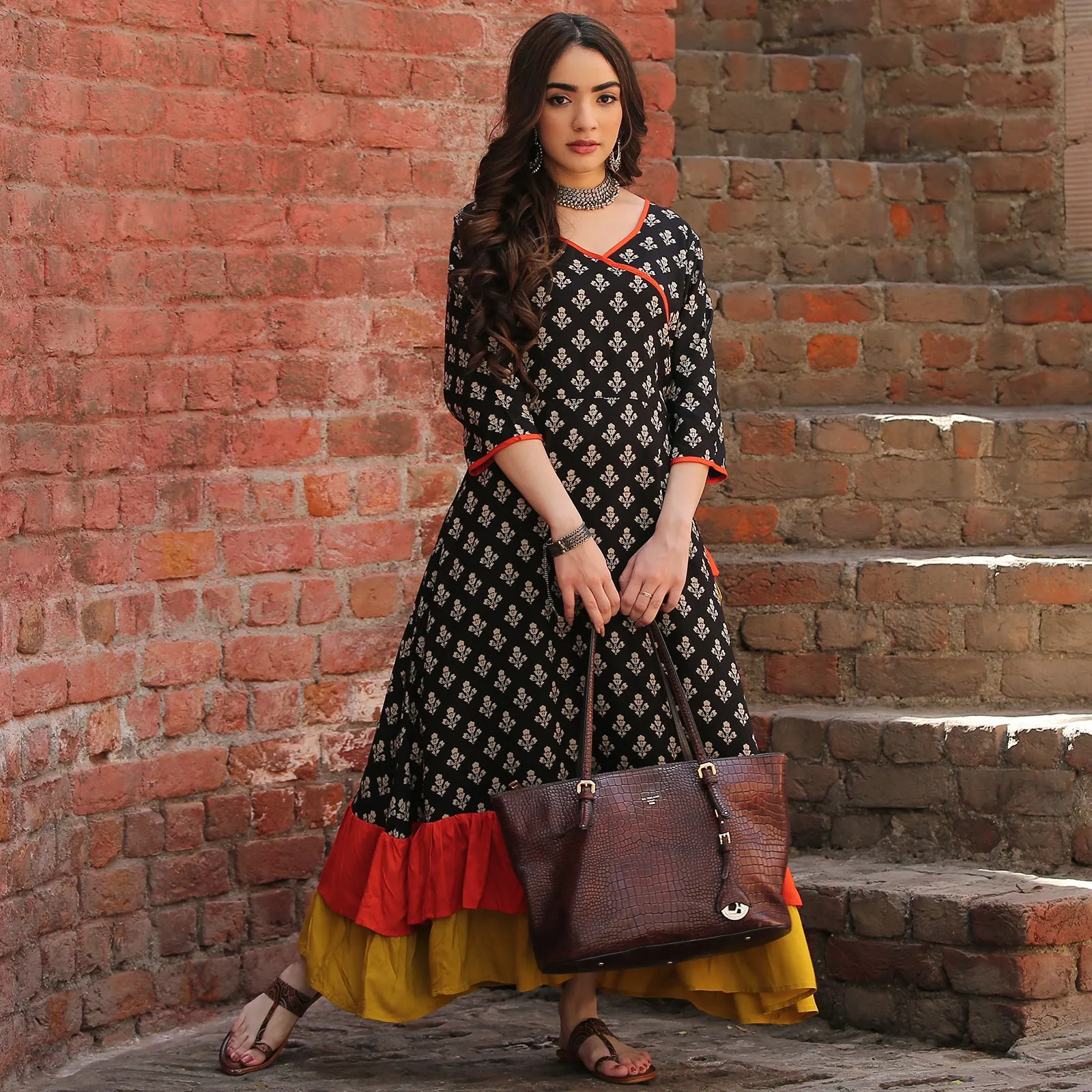Black Floral Double Frill Angrakha Dress