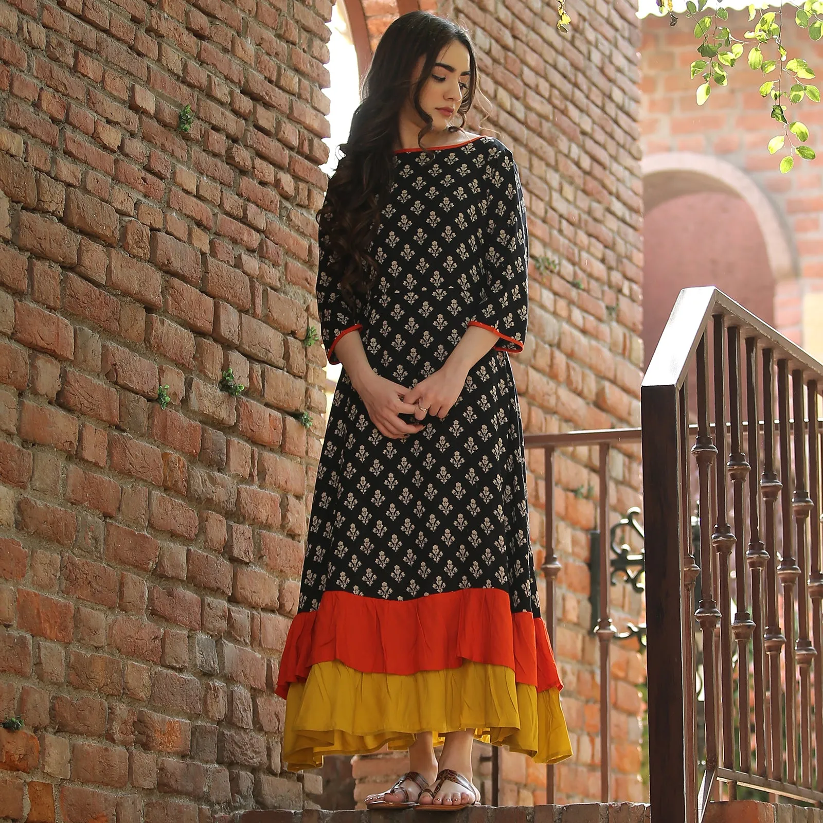 Black Floral Double Frill Angrakha Dress