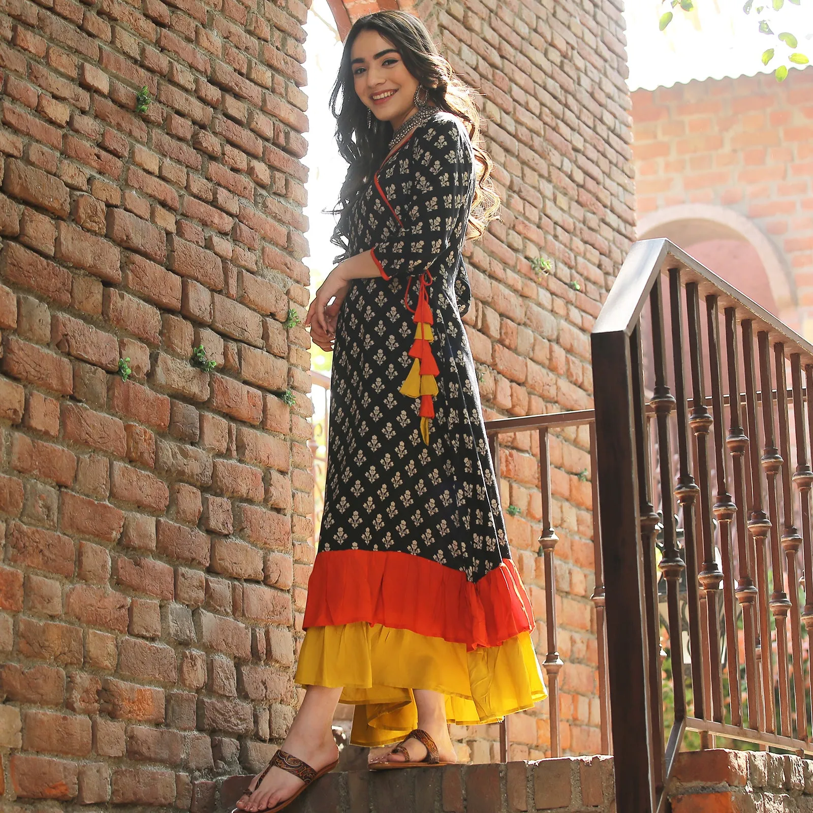 Black Floral Double Frill Angrakha Dress
