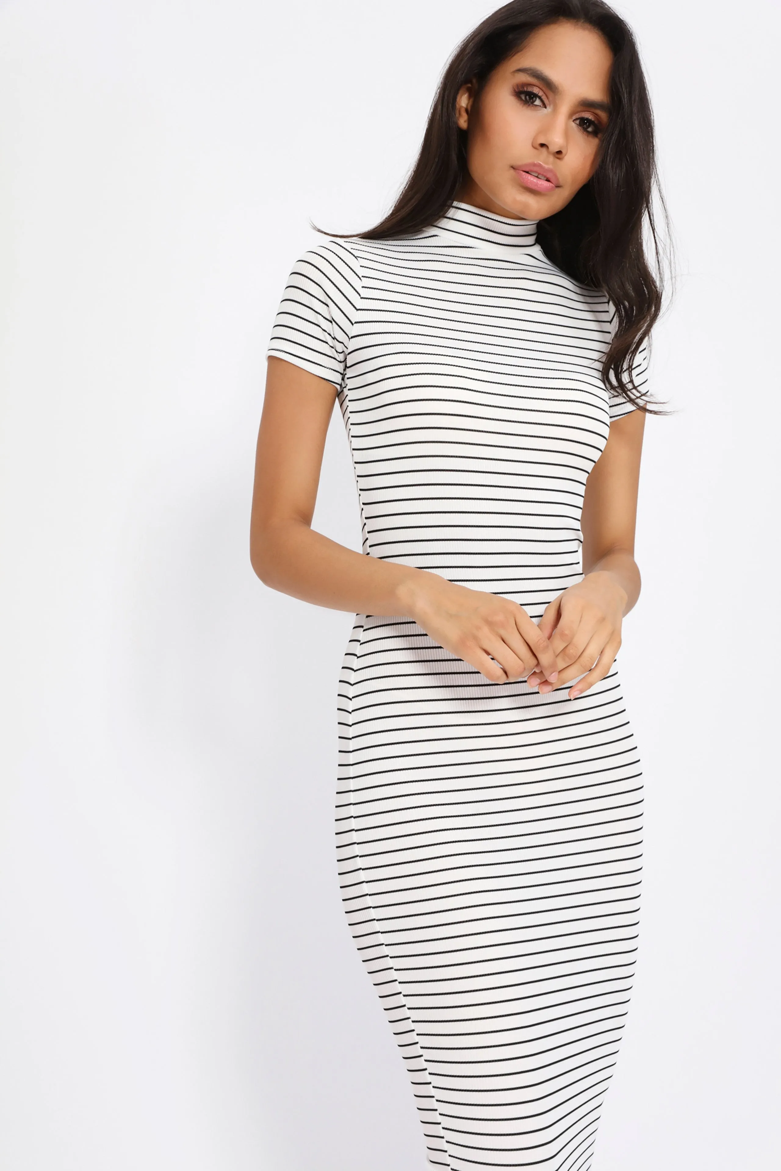 Black Striped High Neck Midi Dress