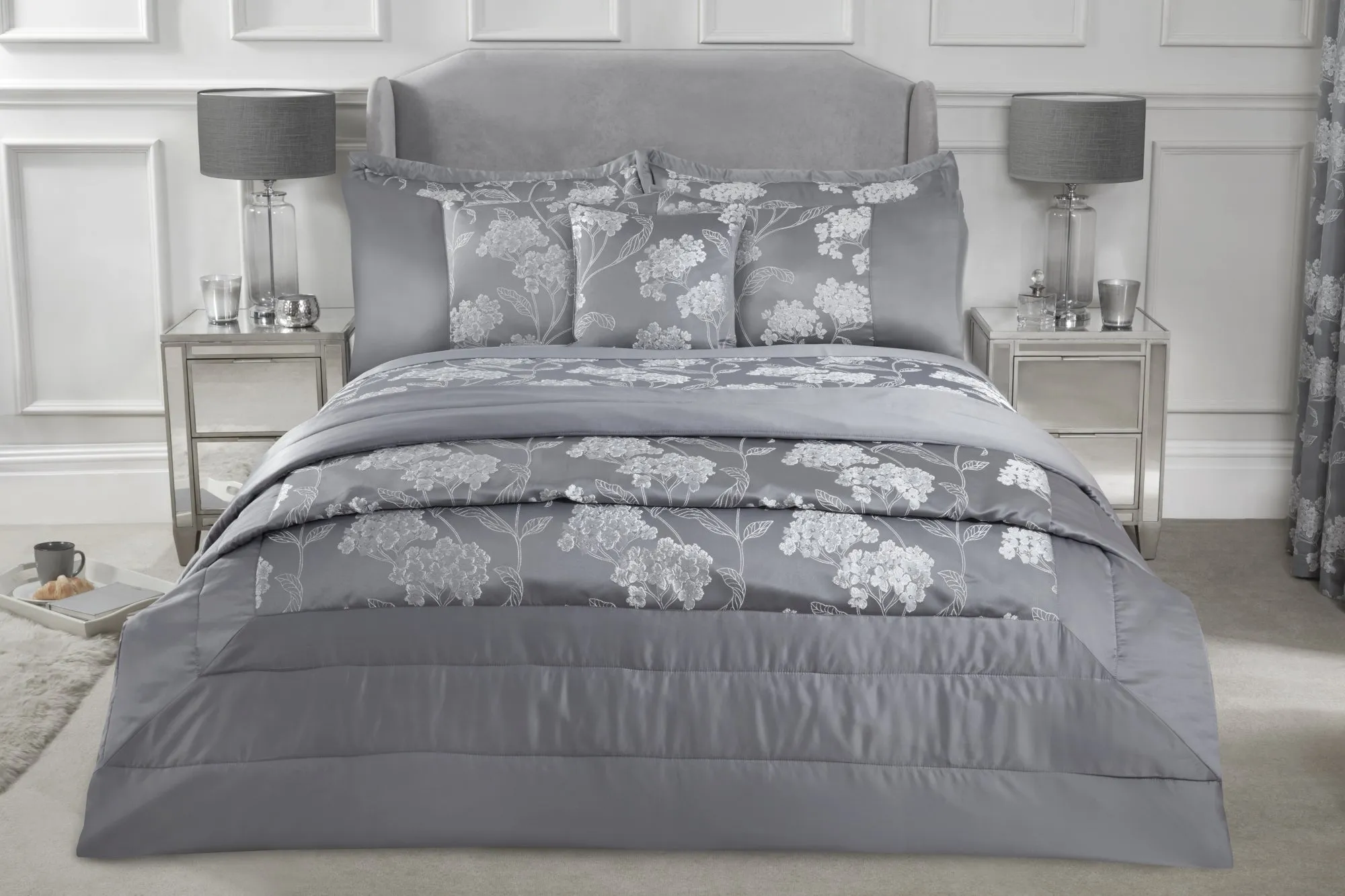 Blossom - Embellished Jacquard Quilted Bedspread Set in Silver