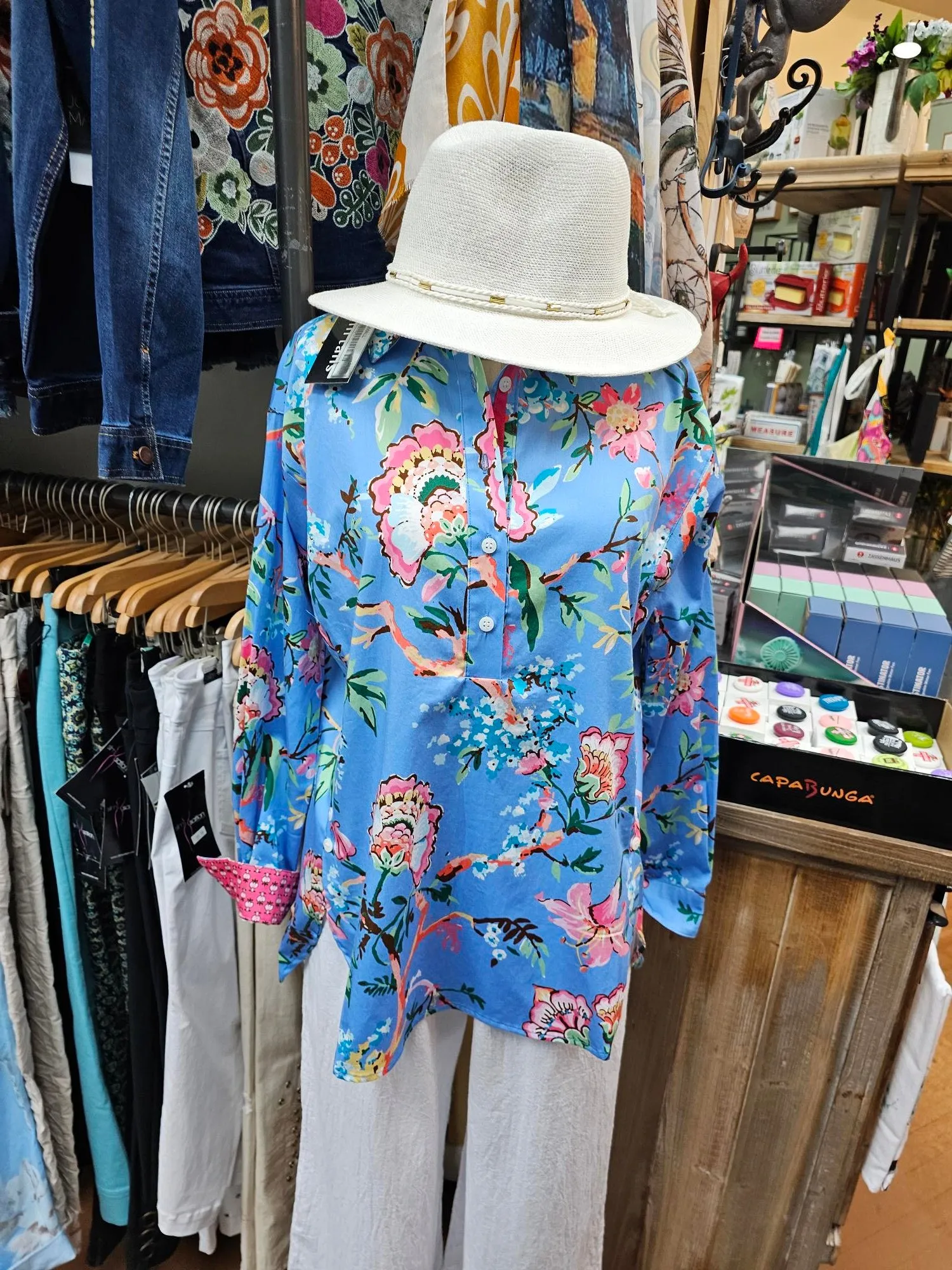Blouse Pullover Blue Floral Generous Fit Women's 82101