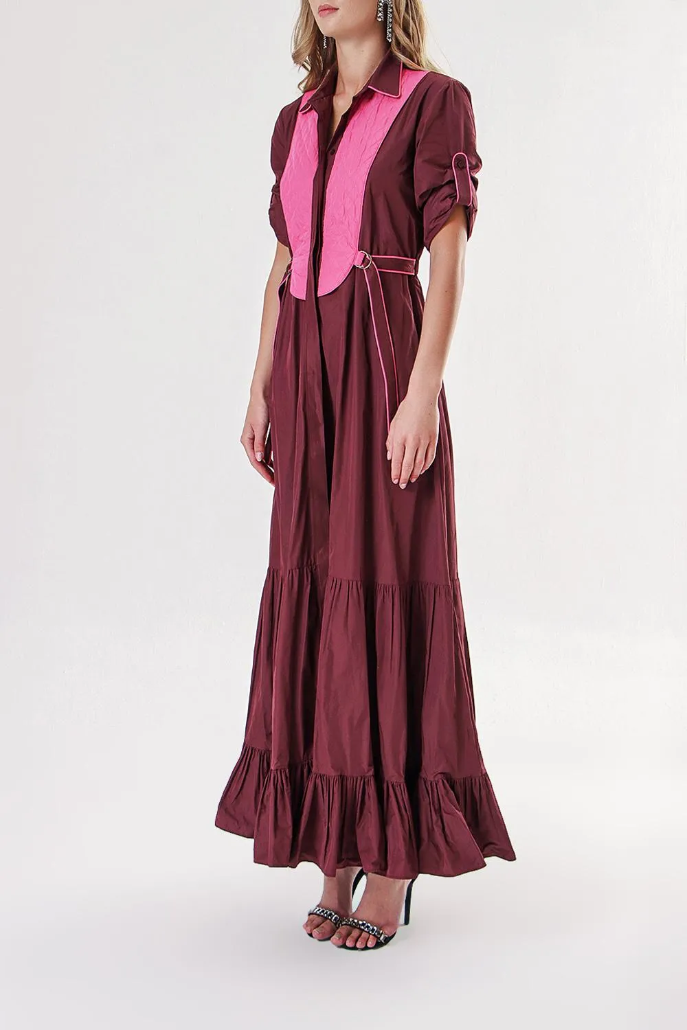 Burgundy Pleated shirt dress with quilted stitching detail 94203