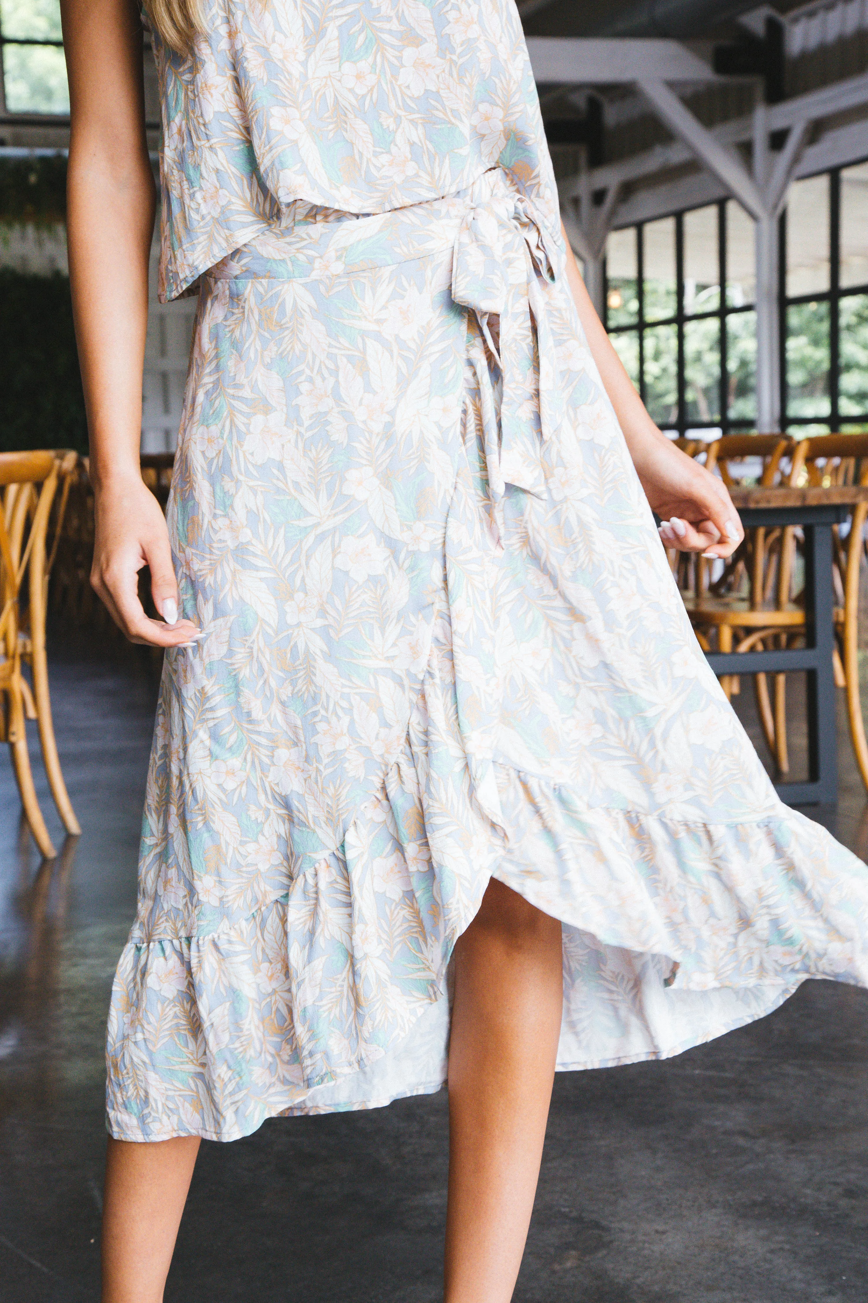 Camille Floral Wrap Midi Skirt, Light Blue/Pink
