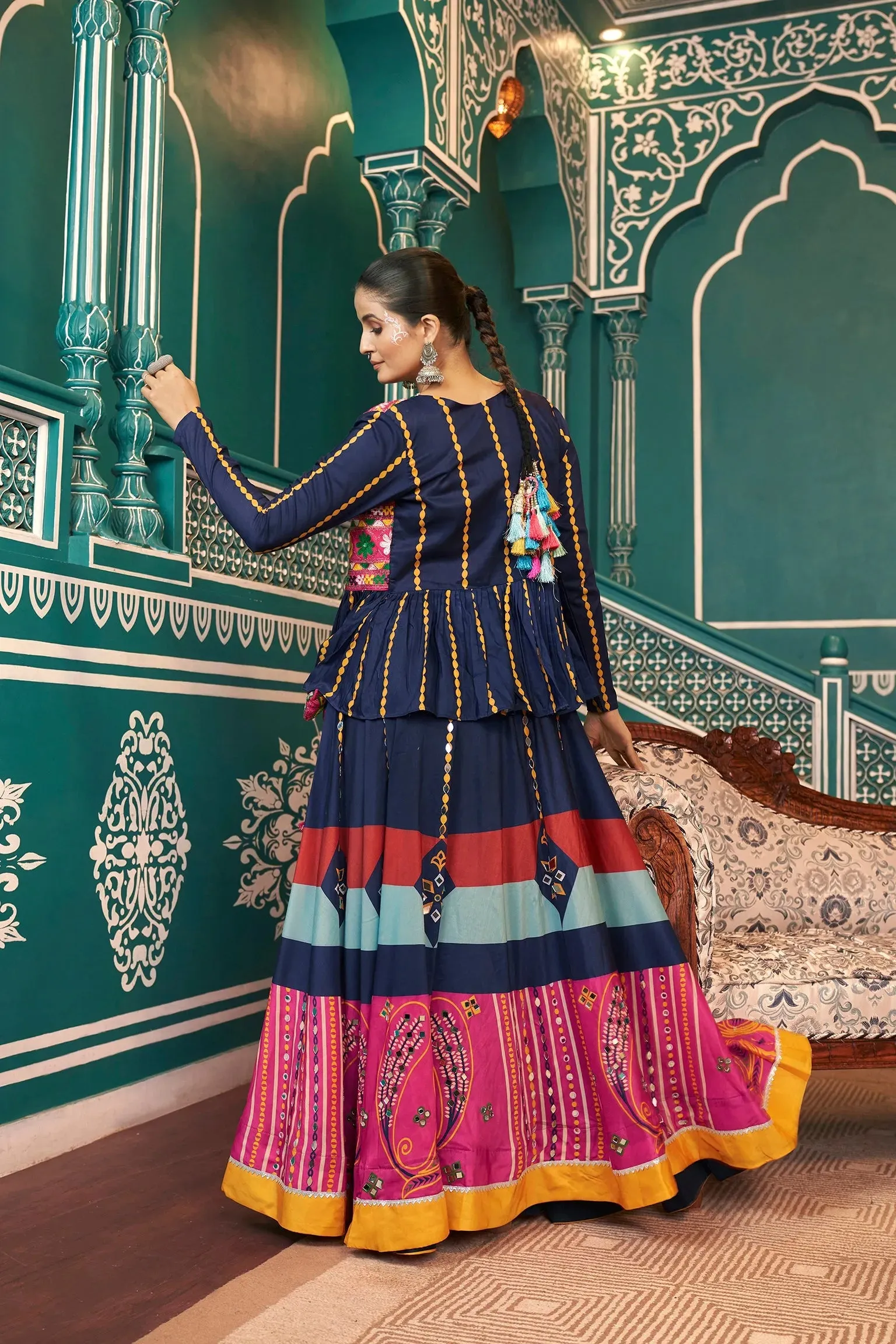 Celebrate Navratri With Multicolored Silk Jacket Lehenga Choli