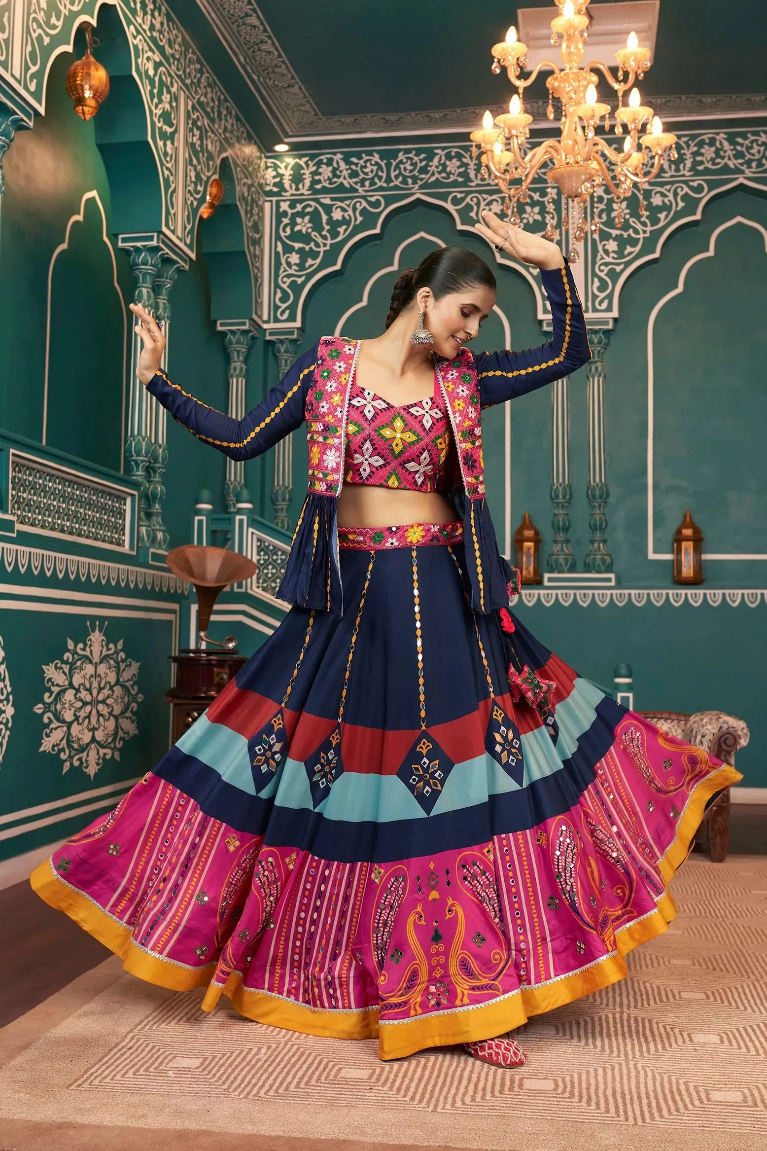 Celebrate Navratri With Multicolored Silk Jacket Lehenga Choli