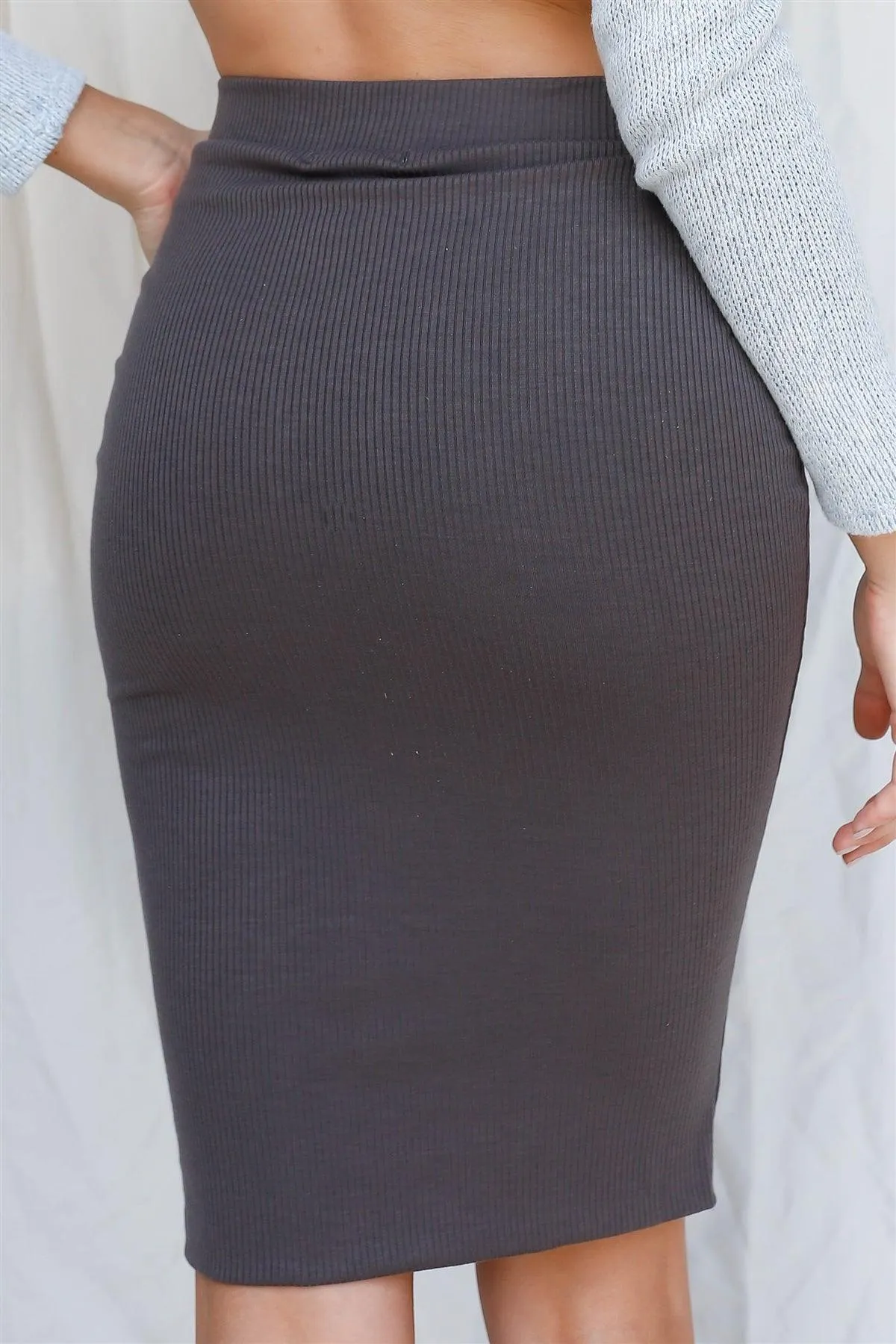 Charcoal Ribbed High Waist Midi Skirt /2-2-2