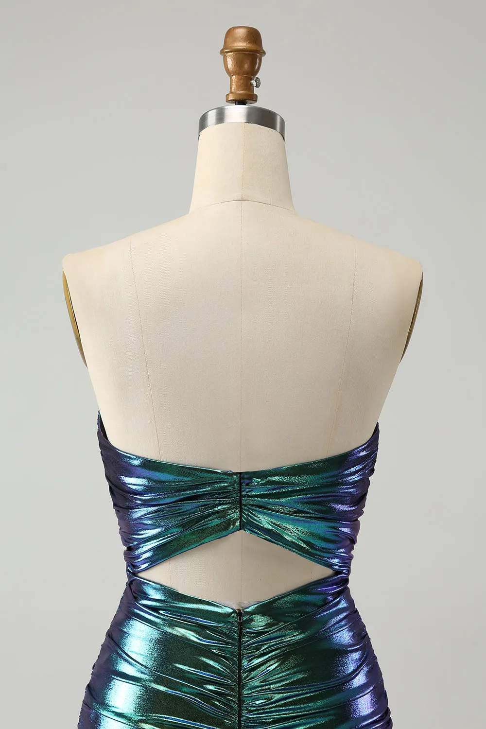 Chic Teal Blue Strapless Keyhole Pleated Tight Metallic Homecoming Dress