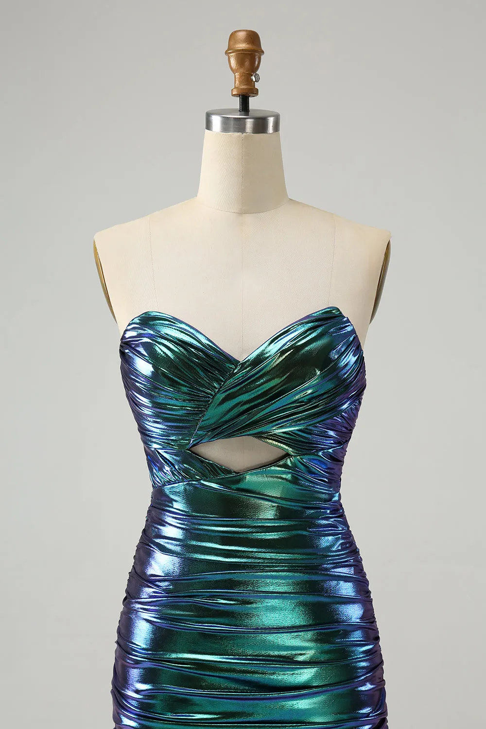 Chic Teal Blue Strapless Keyhole Pleated Tight Metallic Homecoming Dress