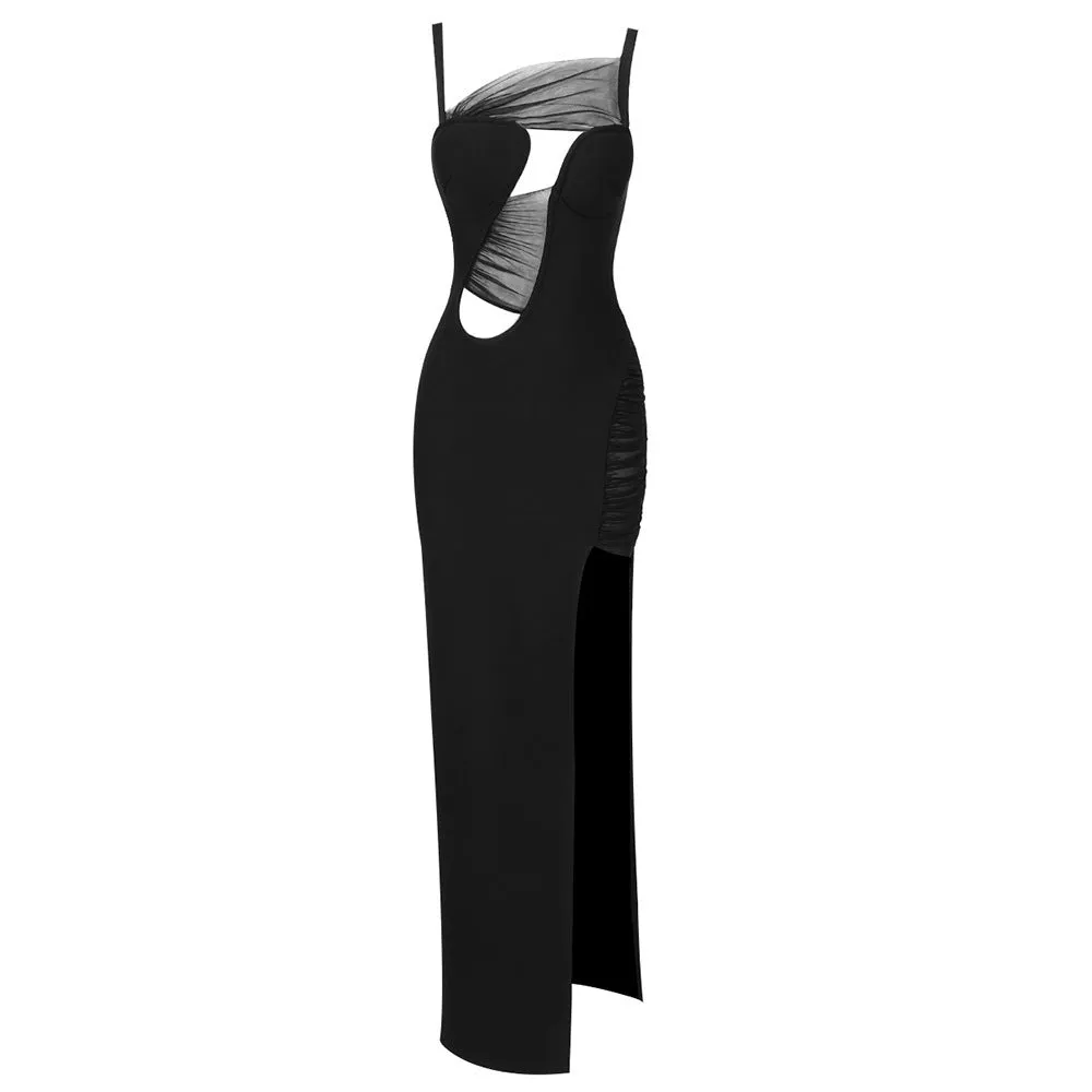 Contrast Mesh Asymmetrical Neck Cut Out Split Thigh Dress