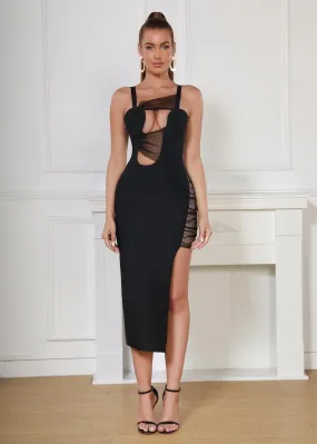 Contrast Mesh Asymmetrical Neck Cut Out Split Thigh Dress