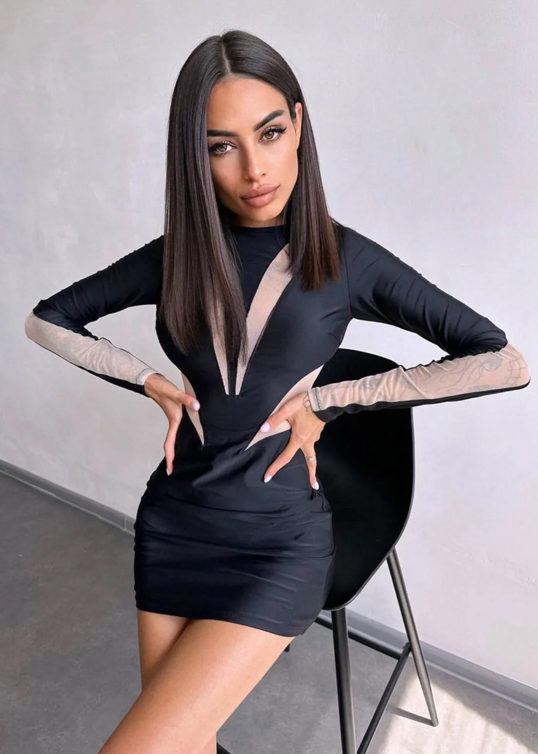 Contrast Mesh Panel Long Sleeved Mini Dress