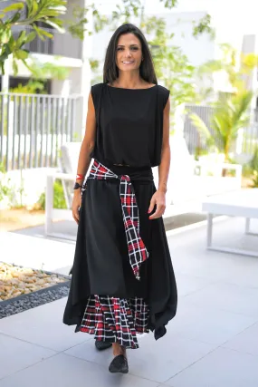 Crepe Layered Skirt With Tie Belt - Black / Red Check