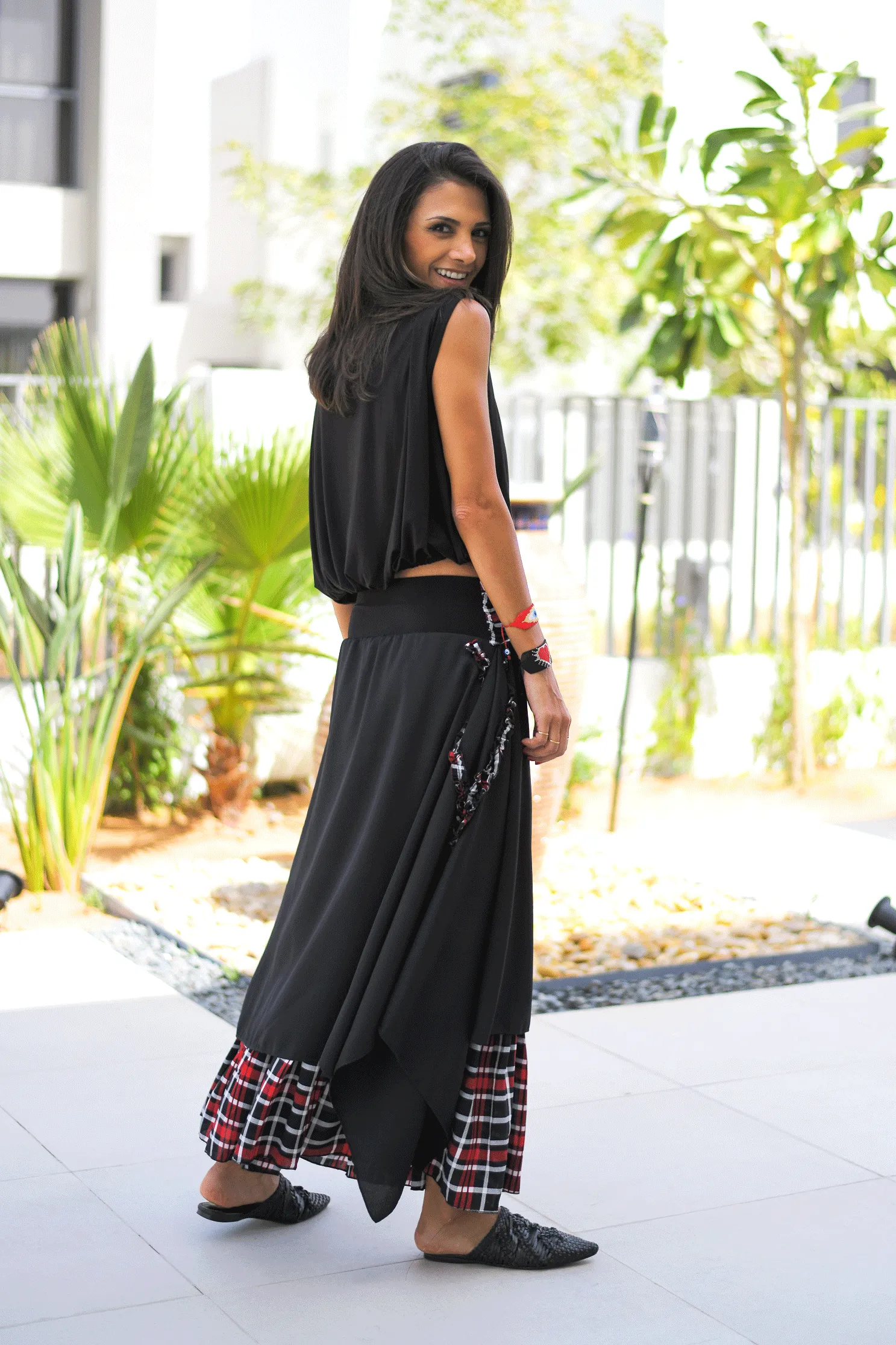 Crepe Layered Skirt With Tie Belt - Black / Red Check