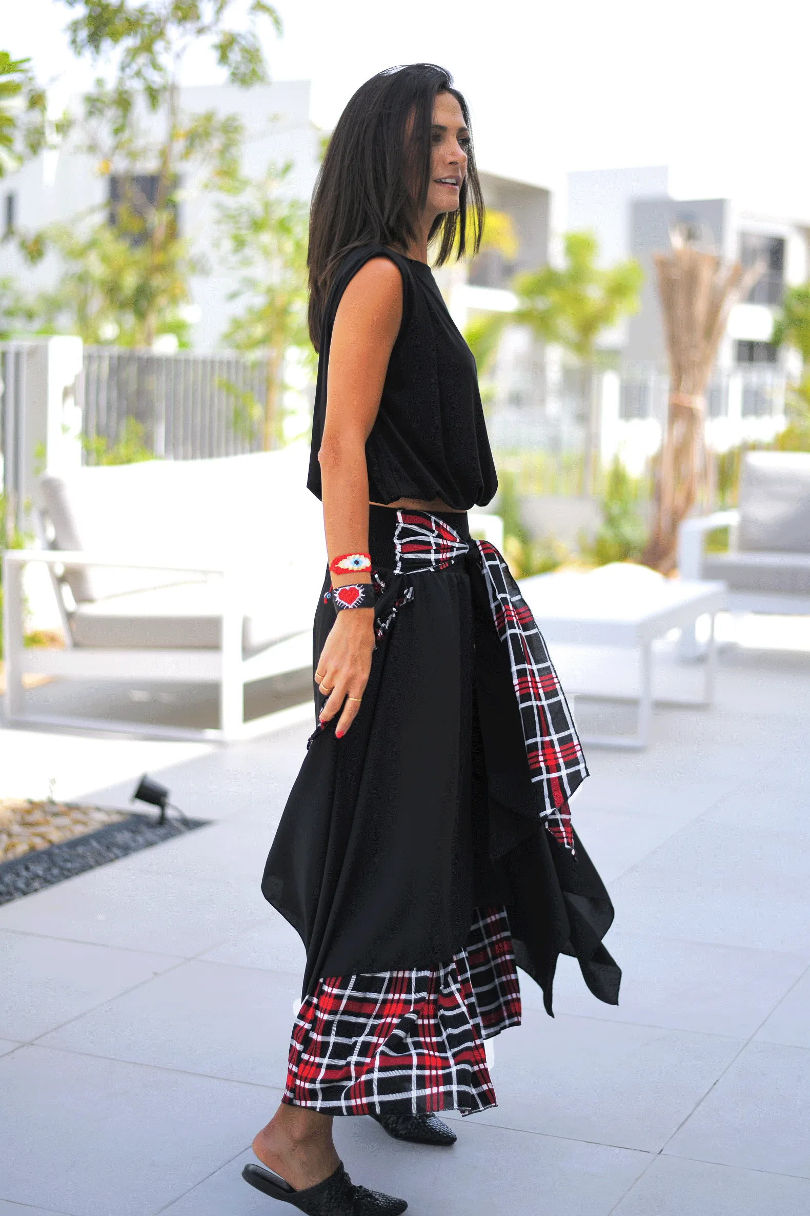 Crepe Layered Skirt With Tie Belt - Black / Red Check