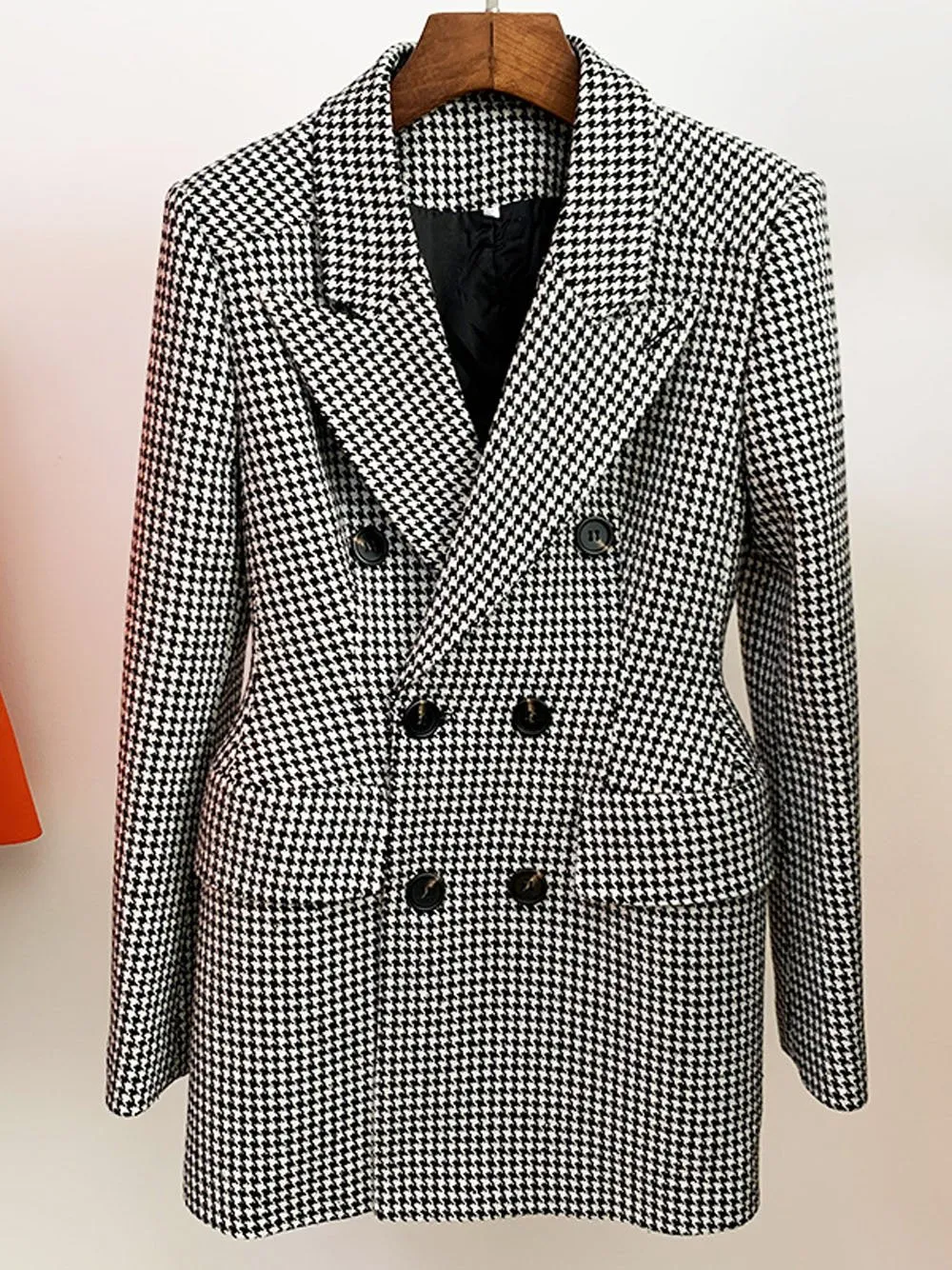 Double Breasted Houndstooth Tweed Coat
