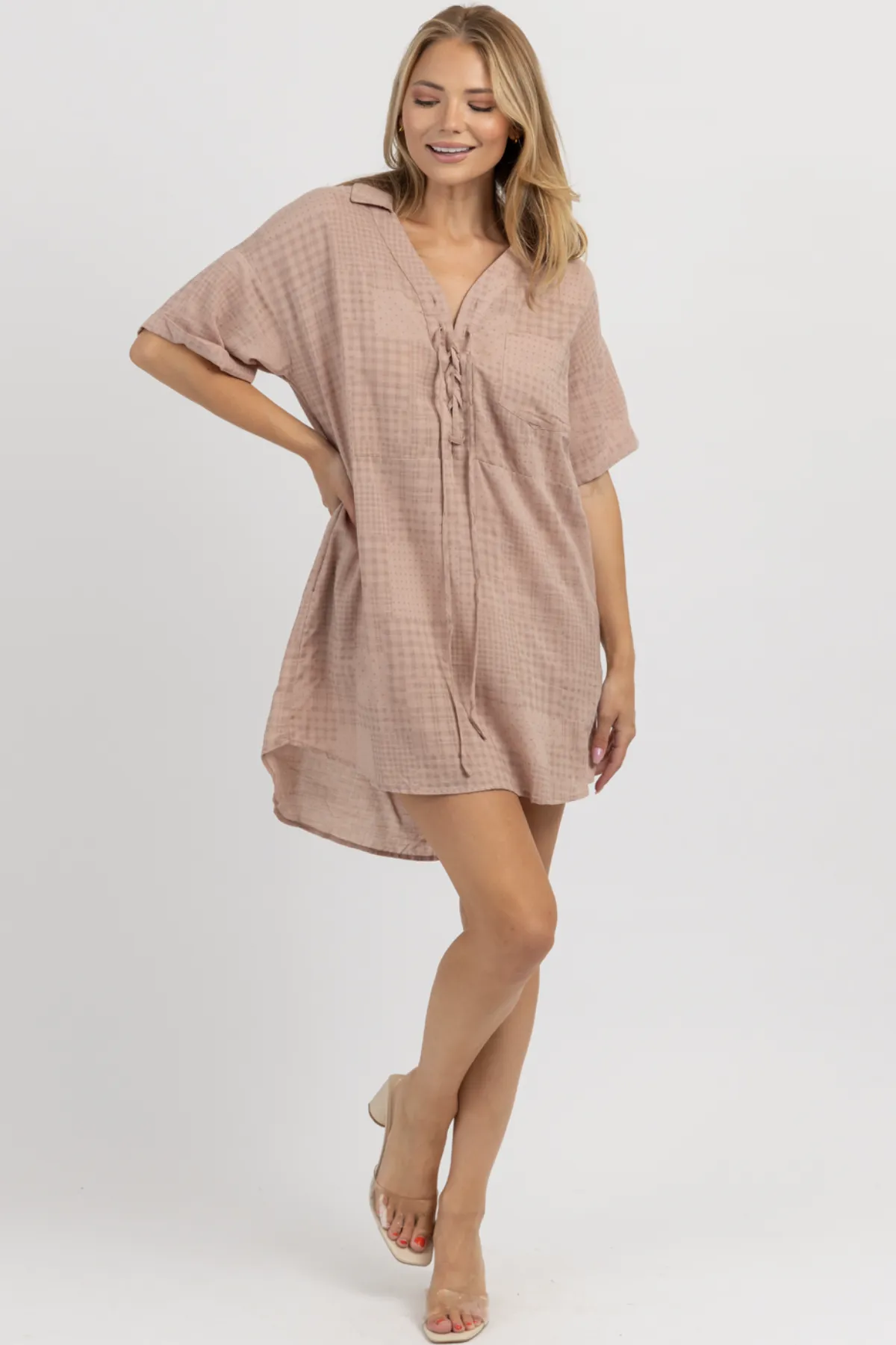 DUSTY ROSE CHECKERED SHIRT DRESS