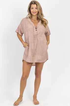 DUSTY ROSE CHECKERED SHIRT DRESS