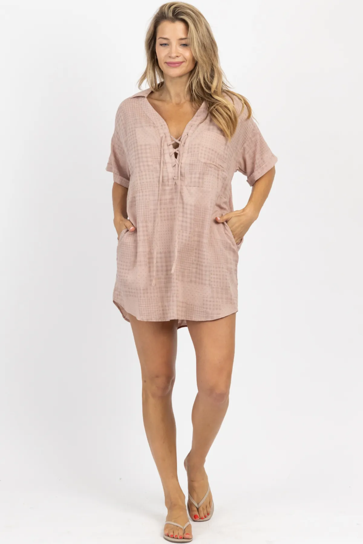 DUSTY ROSE CHECKERED SHIRT DRESS