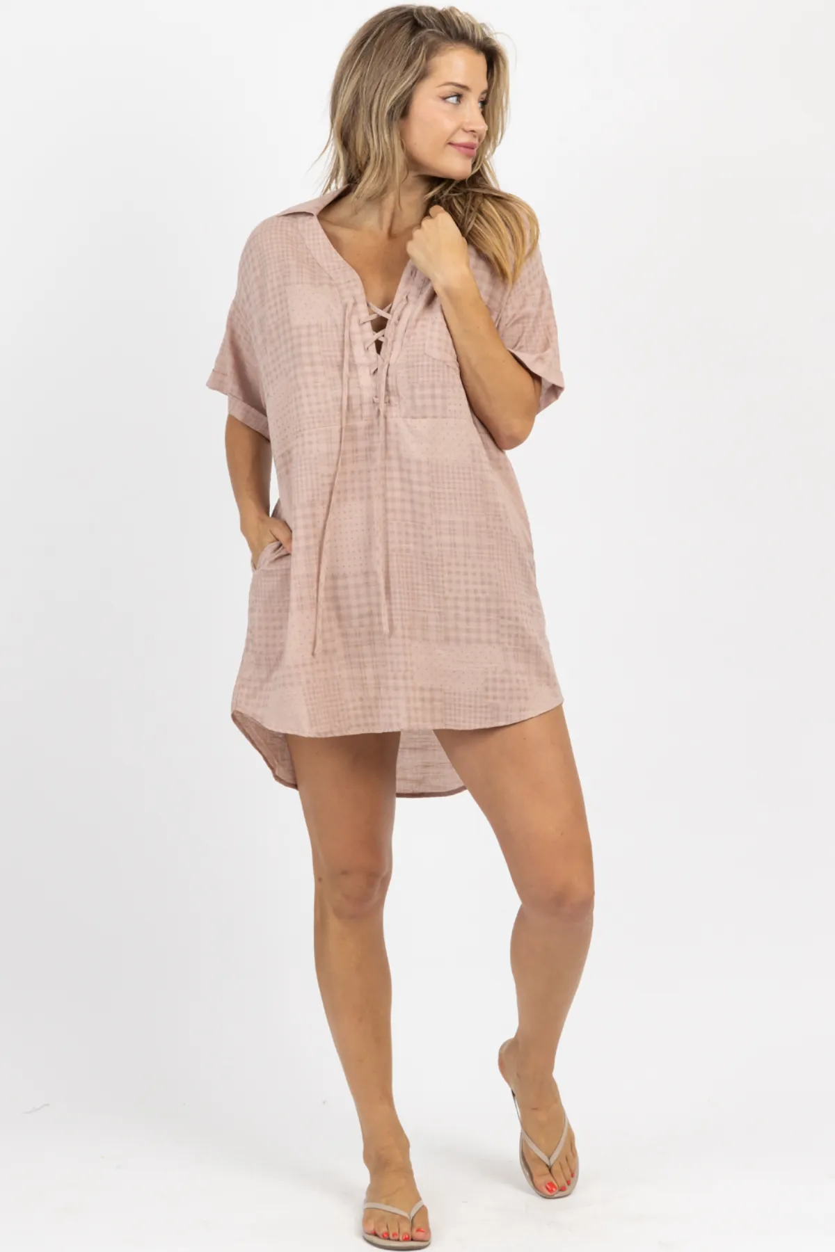 DUSTY ROSE CHECKERED SHIRT DRESS