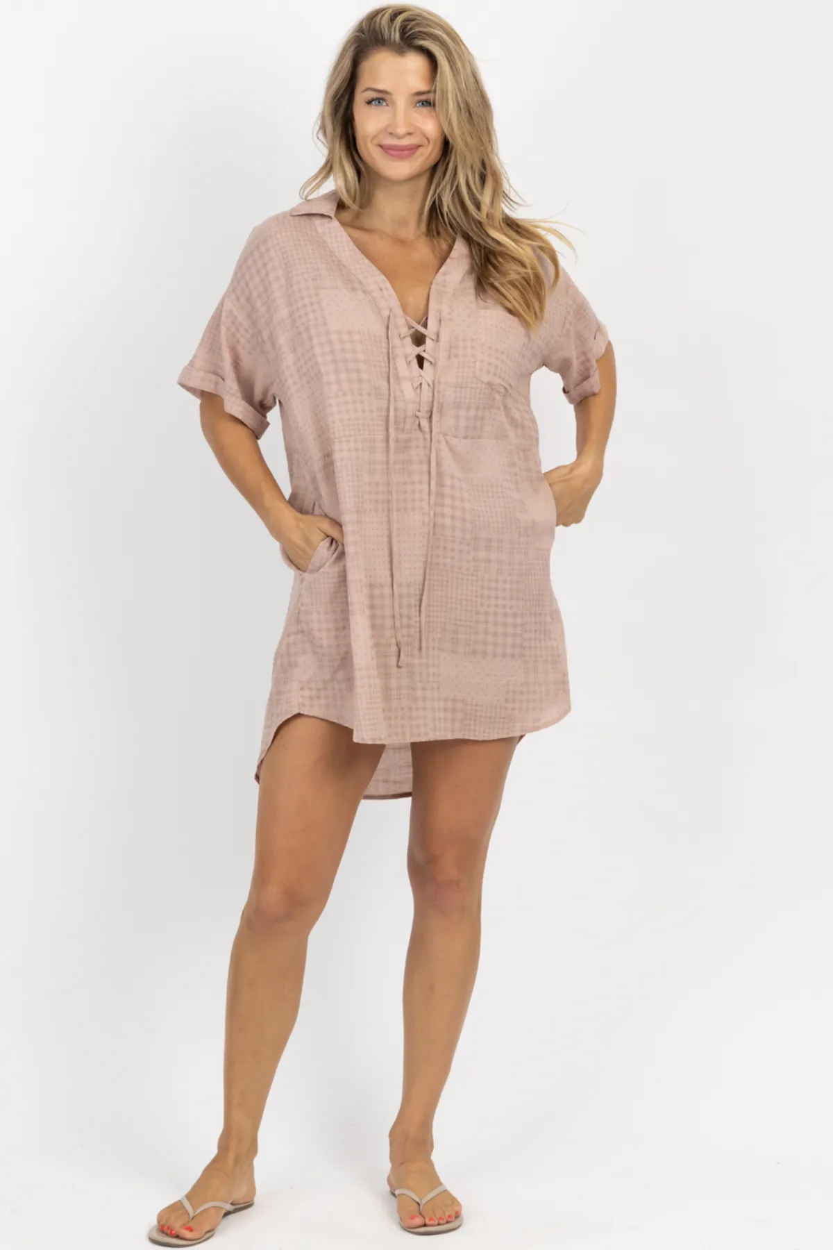 DUSTY ROSE CHECKERED SHIRT DRESS