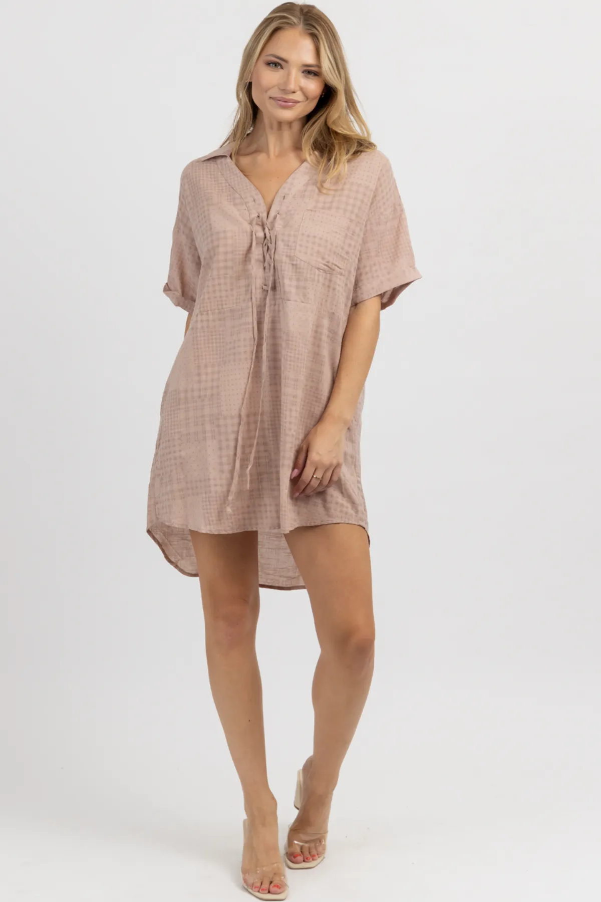 DUSTY ROSE CHECKERED SHIRT DRESS