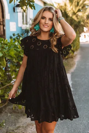 Easy To Excite Eyelet Shift Dress In Black