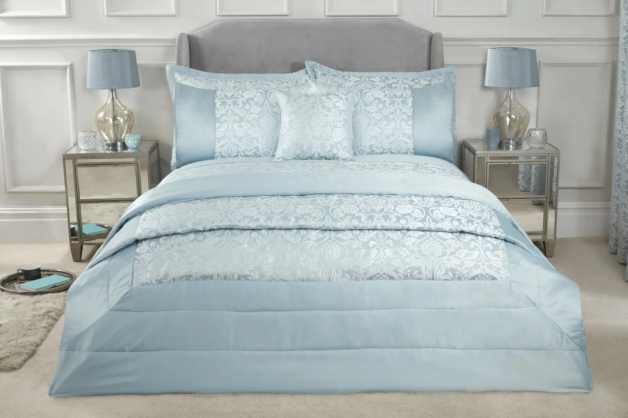 Eden - Embellished Jacquard Quilted Bedspread Set in Duck Egg