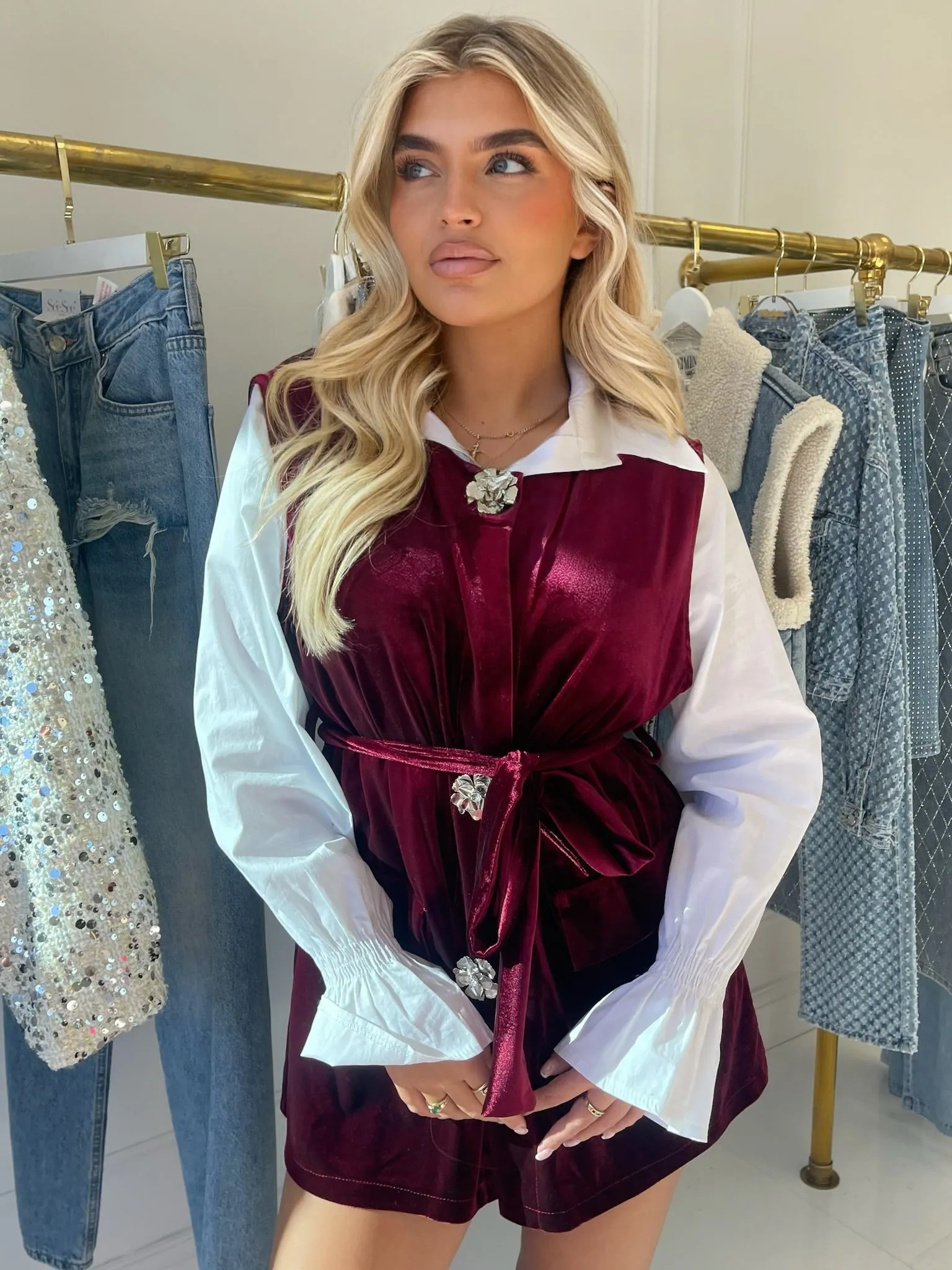 Edith burgundy velvet shirt dress