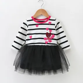 Fashion Love Heart Embroidery Flower Striped Layered Tulle Dress