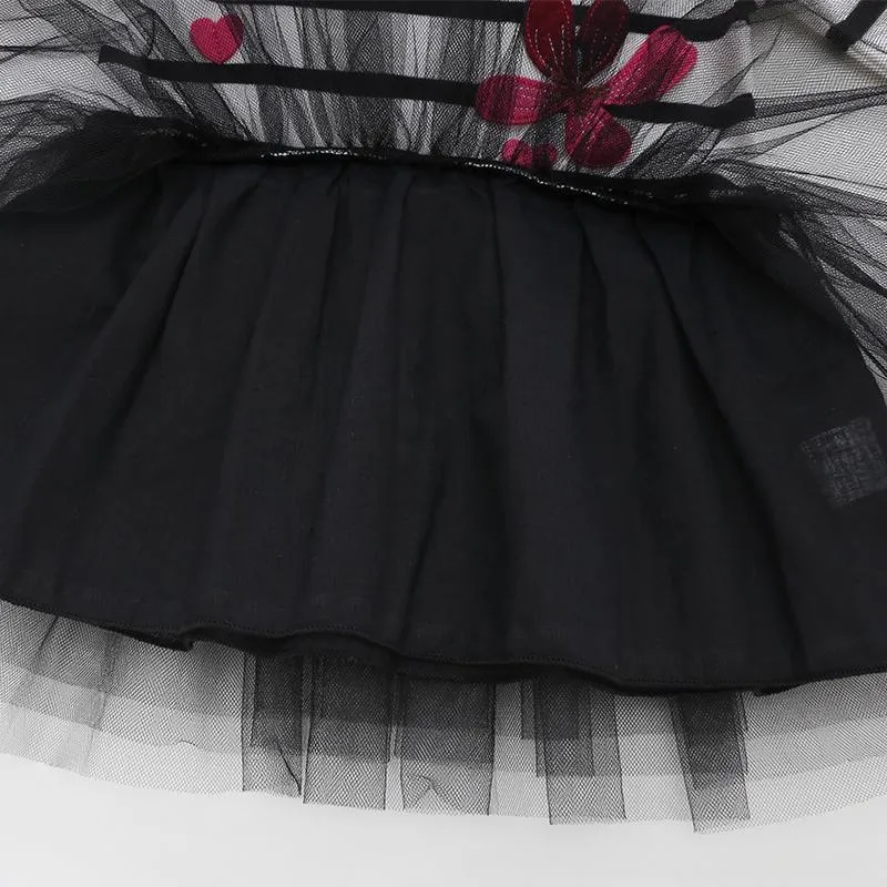 Fashion Love Heart Embroidery Flower Striped Layered Tulle Dress