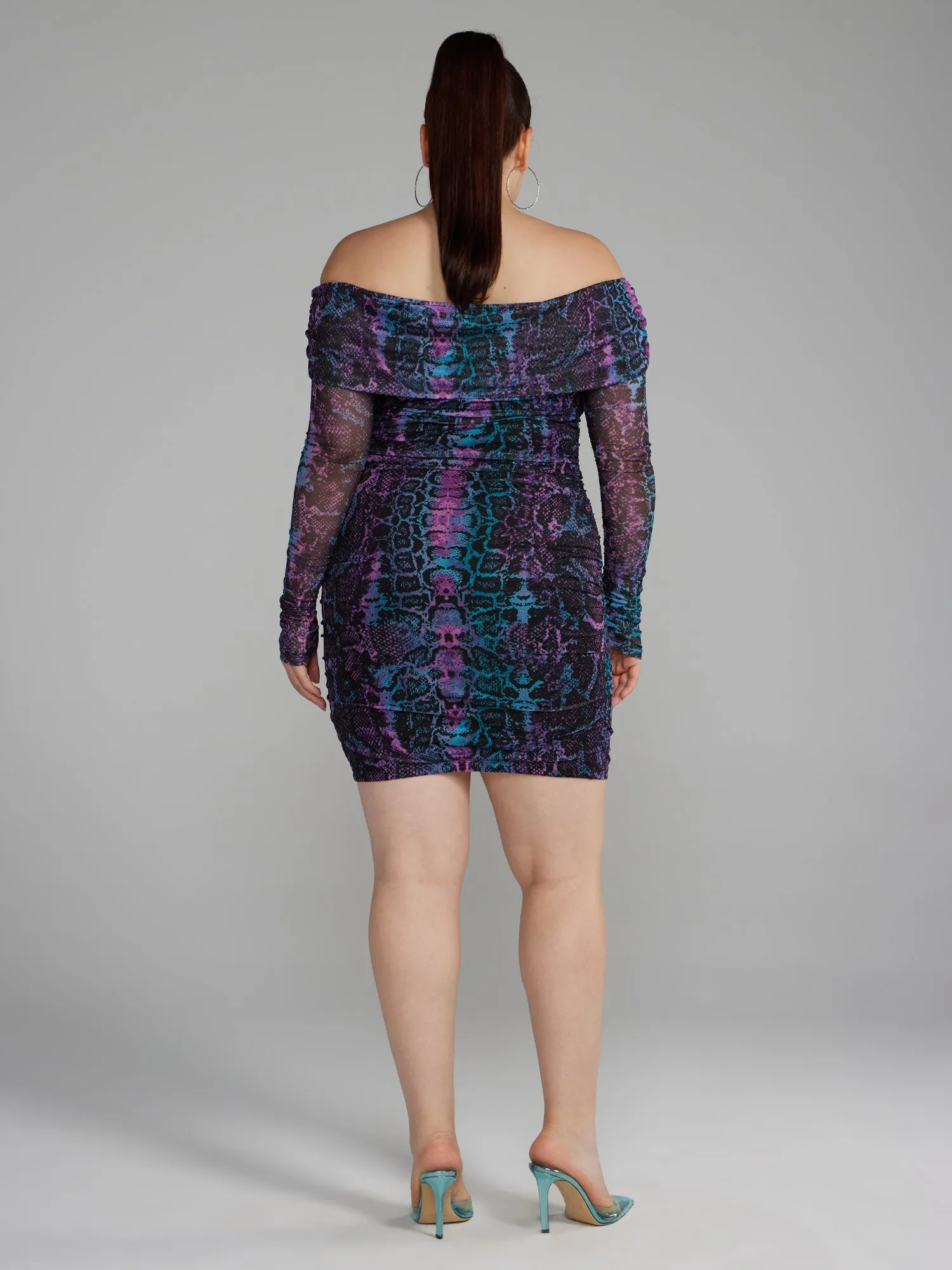 Fashion To Figure - Off-The-Shoulder Snake Print Mesh Dress