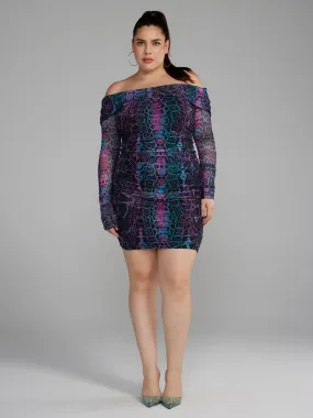 Fashion To Figure - Off-The-Shoulder Snake Print Mesh Dress
