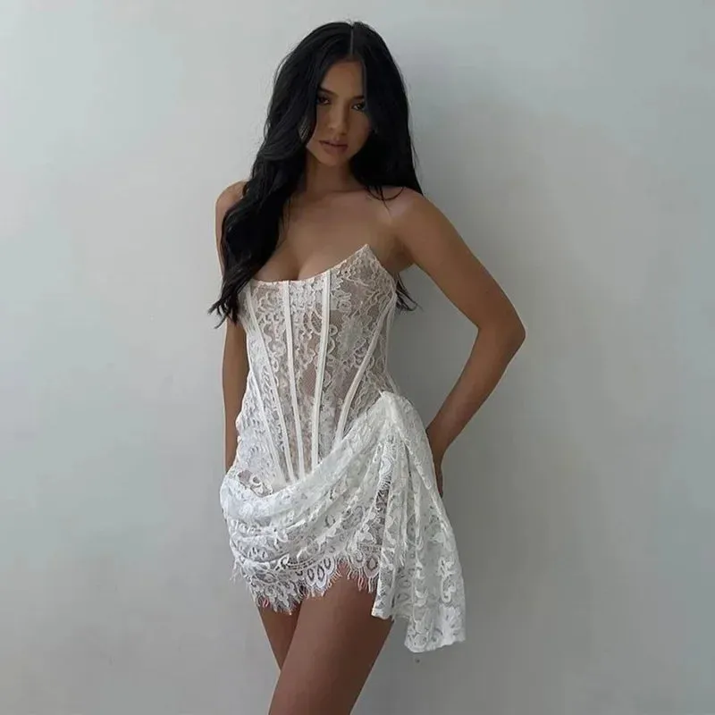 Floral Lace Corset Cocktail Dress with Tail
