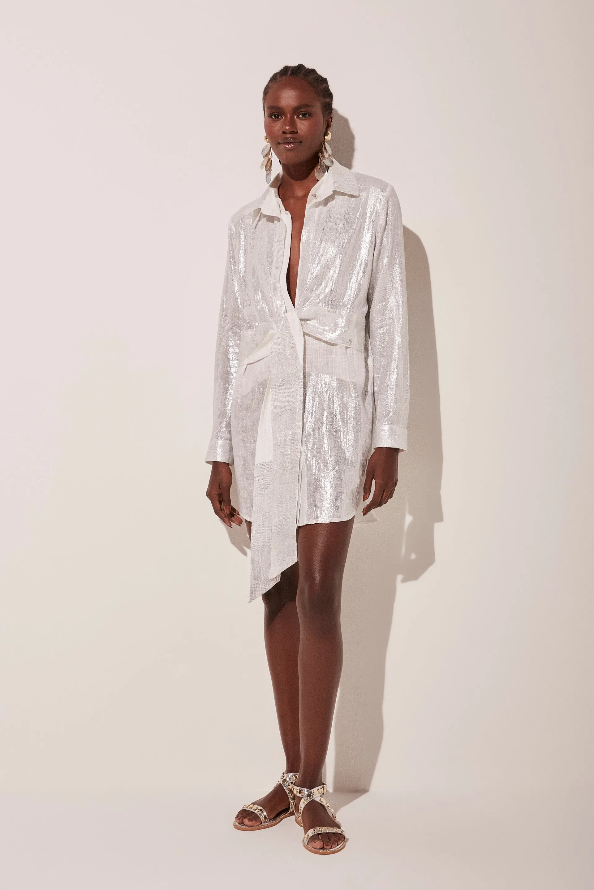 Fresh Metallic Short Shirt Dress With Ties E4765A1836