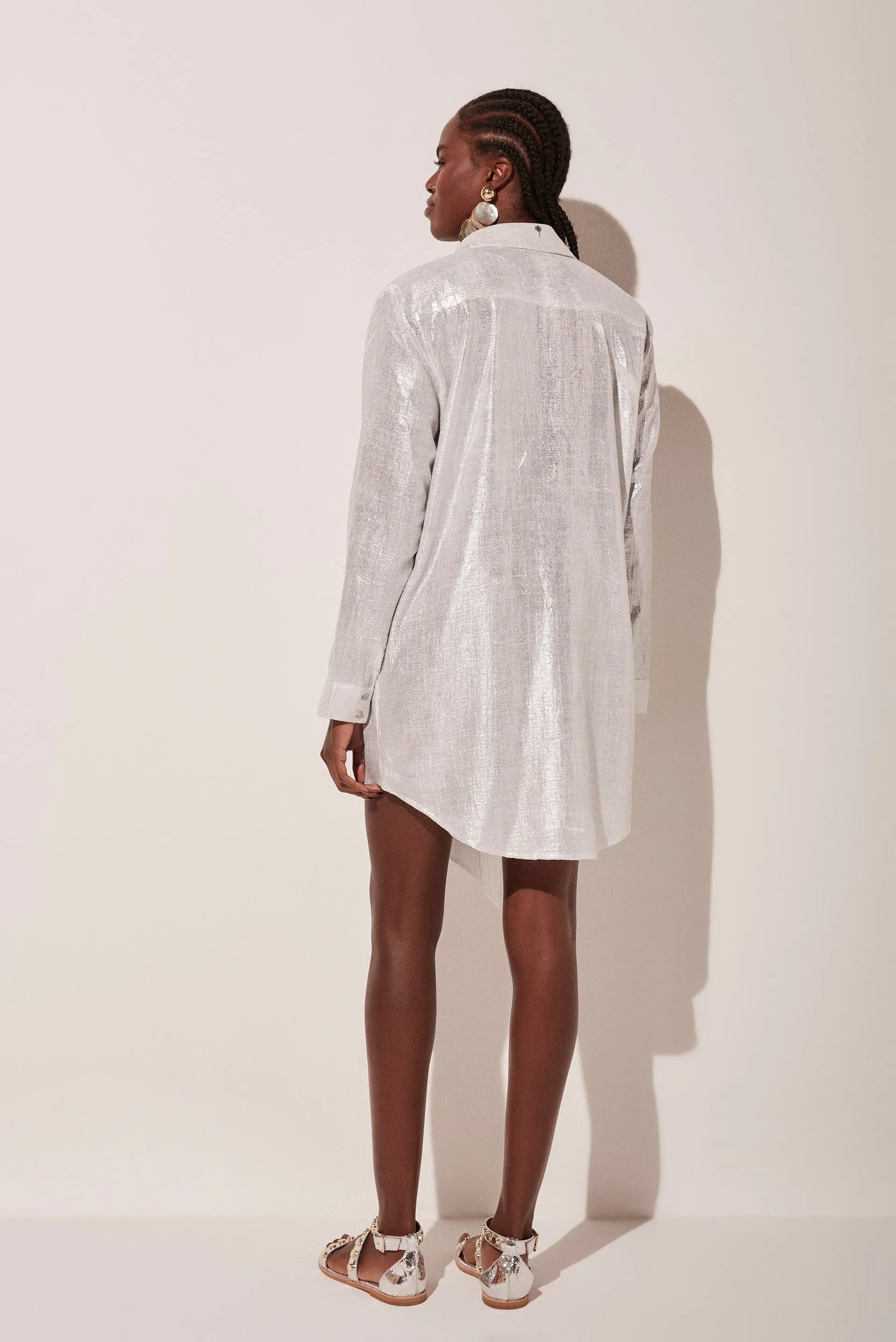 Fresh Metallic Short Shirt Dress With Ties E4765A1836